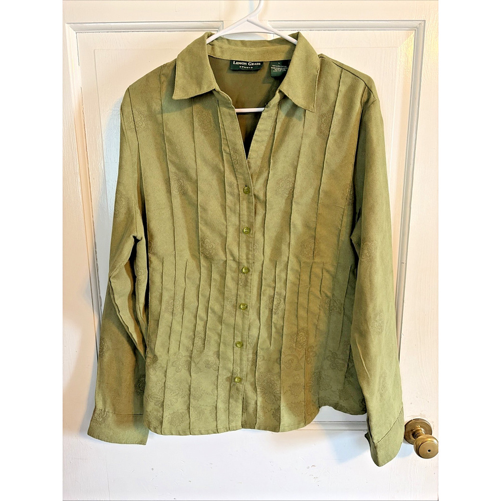 Lemon Grass Studio Women's Button Up Floral L Green Faux Suede Career Casual